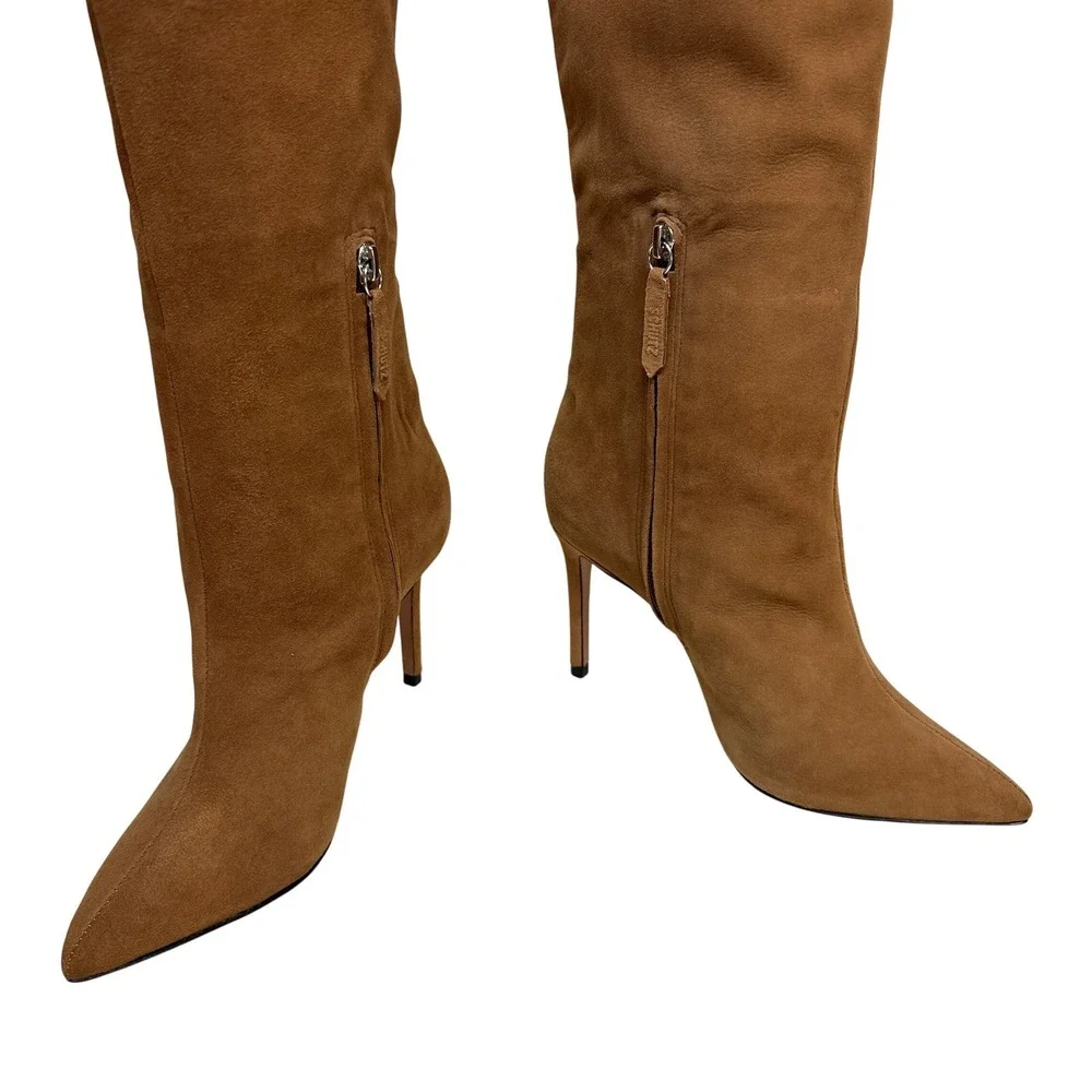 Schutz Anamaria Wood Brown Suede Pointed Toe Stiletto Heel Over The Knee Boot 7B